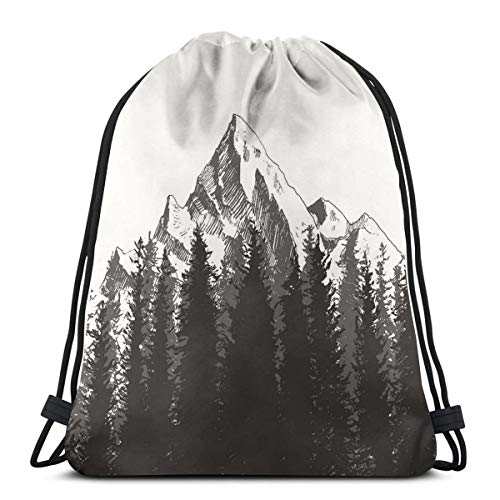 Drawstring Tote Bag Gym Bags Storage Backpack, Mountain with Fir Forest and Native American Arrow Figure Folk Style Retro Print,Very Strong Premium Quality Gym Bag for Adults & Children