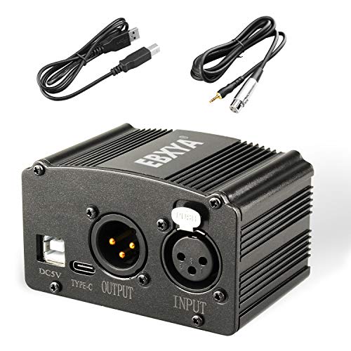 EBXYA - Fuente de alimentación fantasma de 1 canal de 48 V con cable USB, cable de micrófono XLR a 3,5 para cualquier grabación de música de micrófono de condensador