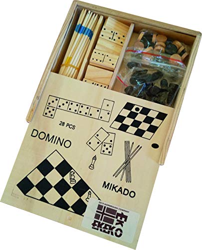 Ekeko Gambler, 4 Juegos en una Caja de Madera. Ajedrez, Damas, Domino y Mikado. Ekeko Gambler, 4 Sets in a Box. Chess, Checkers, Dominoes and Mikado.
