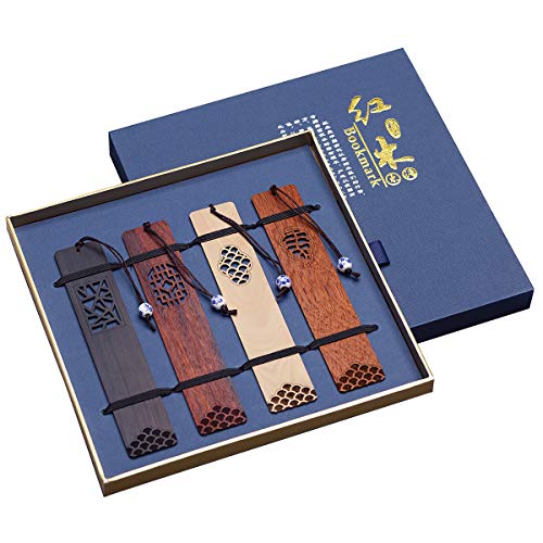 El juego de caja de regalo de marcapáginas de madera hecho a mano, marcapáginas con colgante de porcelana azul y blanca, es un regalo único para profesores, estudiantes, hombres y mujeres.