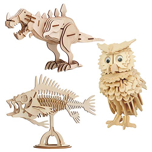 EQLEF Maquetas Madera, Modelos de artesanía de Madera Puzzle DIY Juego de Regalo de Juguete Búho de Madera Dinosaurio Peces Animal Woodcraft Puzzles Kit - 3 Piezas