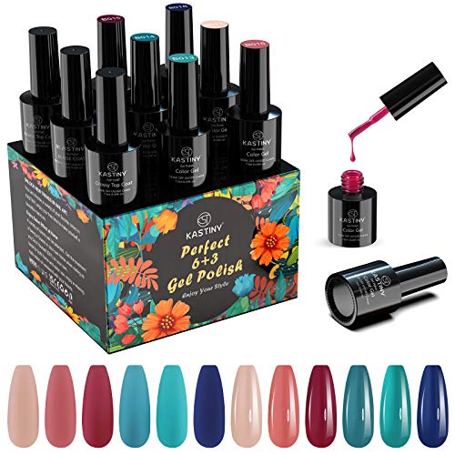 Esmaltes Semipermanentes, Kastiny 9PCS Clásico Azul Rosa Colección Pintauñas Semipermanente con Base, Capa Superior Brillante y Mate, Uñas Gel UV LED para Navidad y Año Nuevo