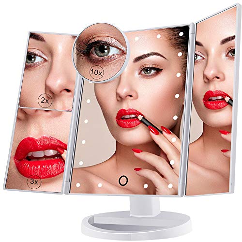 Espejo para maquillaje iluminado, espejo cosmético para vanidad con 21 luces LED, pantalla táctil con aumento triple de 2 x 3 x 10 x, rotación libre de 180 °, doble fuente de alimentación blanca