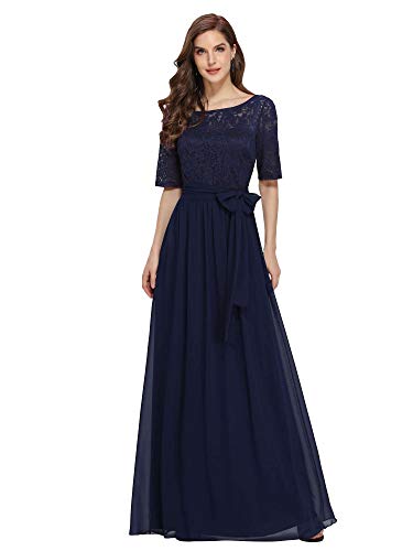 Ever-Pretty A-línea Encaje Talla Grande Vestido de Fiesta Cuello Redondo Largo para Mujer Azul Marino 58