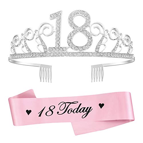 Faja de 18 Años, 18 Cumpleaños Mujer Corona, Satin Sash Tiara Cristal Diadema Corona Cumpleaños Corona Princesa fiesta Feliz Cumpleaños for 18th Birthday Party Decoracion (Rosado)