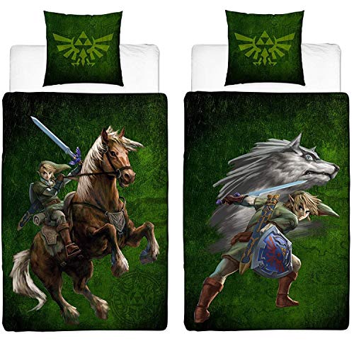 Familando Juego de cama reversible The Legend of Zelda, 135 x 200 cm y 80 x 80 cm, 100% linón de algodón con cremallera y logotipo de Wolf Link y Triforce Familando Juego de cama reversible The Legend of Zelda, 135 x 200 cm y 80 x 80 cm, 100% linón de algodón con cremallera y logotipo de Wolf Link y Triforce