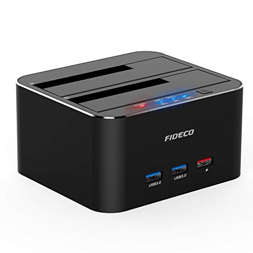 FIDECO Base de Conexión Docking Station, Aluminio USB 3.0 Base de Conexión para Disco Duro con 3 Port Hub con Función de Clon Offline y 2 Bahias para SATA HDD y SSD de 2,5/3,5 Pulgadas