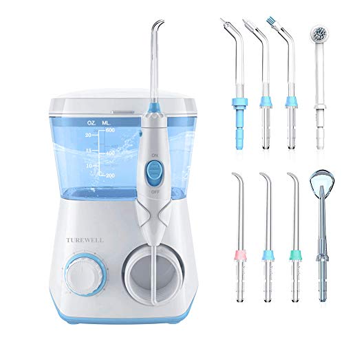 Flosser de agua, TUREWELL Irrigador bucal dental profesional 600 ML Gran capacidad de depósito con puntas multifuncionales 10 Presiones de agua Flosser dental de encimera