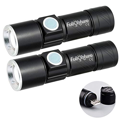 Fulighture - Mini linterna LED recargable por USB 350 lúmenes, linterna con 3 modos y extremadamente brillante, resistente al agua IPX4, zoom para exterior, senderismo, camping, 2 unidades