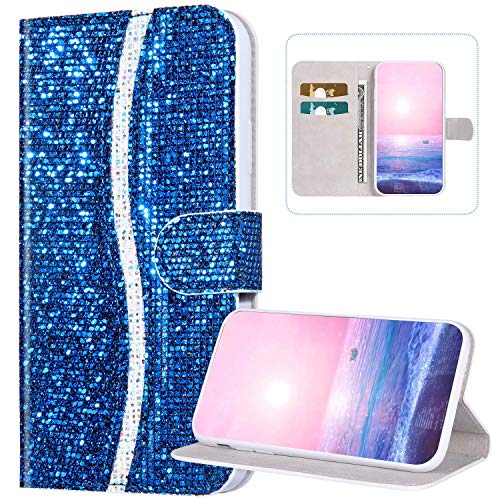 Funda de piel sintética con purpurina para Huawei P Smart Z, con lentejuelas, cierre magnético, cierre magnético, función atril, funda para Huawei P Smart Z, color azul