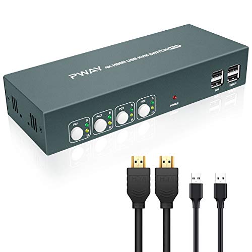 GHT KVM HDMI Switch 4 Entradas, Conmutador KVM HDMI 4K @30Hz YUV 4:4:4, 4 in 1 out, Admite Dispositivos USB 2.0,Soporte HDCP,Adecuado para PC, Computadora Portátil, PS4, PS3, Nintendo Switch y Más.