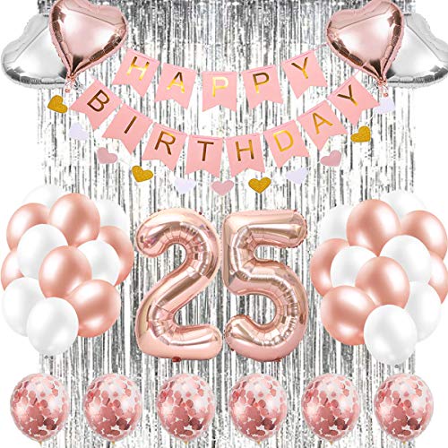 Globo de banner de decoraciones de 25 cumpleaños, pancarta de feliz cumpleaños, globos de número 25 de oro rosa, globos de cumpleaños número 25, suministros de decoración de cumpleaños de 25 años
