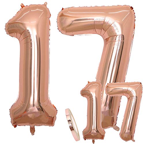 Globos Número 17 Cumpleaños XXL de oro rosa - Helio Globo de lámina gigante en 2 tamaños 40 "y 16" | Set XXL 100cm + Mini 40cm version Decoraciones de cumpleaños |Ideal para el 17 Años como decoración