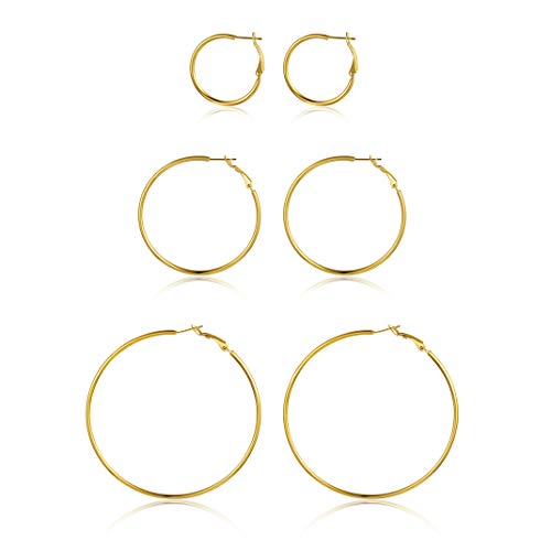 GoldChic Jewelry 3 pares Aro Pendientes Oro Baño Conjunto 30mm 50mm 70mm diametros Cartilago Earrings Hoop Base Acero inoxidable Gratis caja de regalo