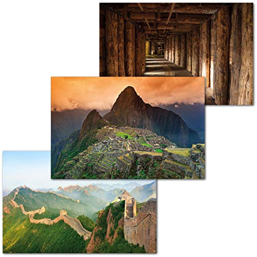 GREAT ART Juego de 3 Carteles XXL – Sitios de la UNESCO – Mina de Sal de Wieliczka Templo de Machu Pichhu Perú Gran Gran Muralla China Mural póster Cada uno 140 x 100 cm