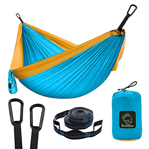 Hamaca portátil doble y individual con correas de árbol, paracaídas de nailon ligero, accesorios para camping, para interiores y exteriores, viajes, senderismo, playa