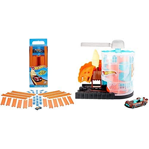 Hot Wheels Track Builder, tramos de Pista con vehículo Incluido, Accesorios para Pistas de Coches de Juguete + Conjunto de Juego Carrera por la heladería + Track Builder Contenedor Lanzador