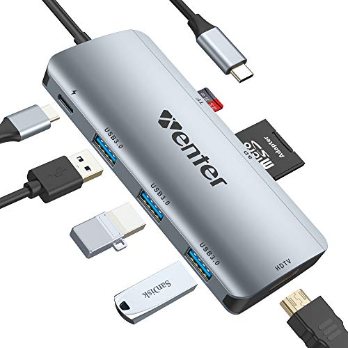 Hub USB C 7 en 1, WENTER Adaptador Tipo C Multipuerto con PD 100W, 3 Puertos USB 3.0, HDMI 4K, Lector Tarjeta SD/TF Compatible con Macbook Pro/Air, iPad Pro