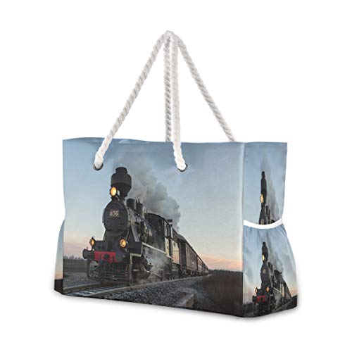 Hunihuni Beach Bag Express Steam Tren de vapor, bolsa de viaje con asas de cuerda de algodón, cremallera superior, dos bolsillos exteriores