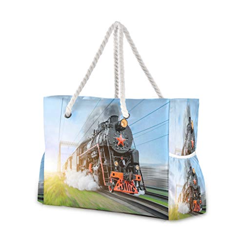 Hunihuni - Bolsa de playa, diseño de tren de vapor vintage, con asas de cuerda de algodón, cremallera superior, dos bolsillos exteriores