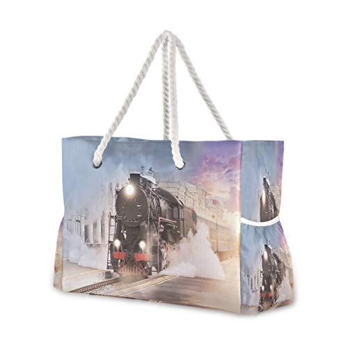 Hunihuni - Bolsa de playa, tren de vapor, bolsa de viaje con asas de cuerda de algodón, cremallera superior, dos bolsillos exteriores