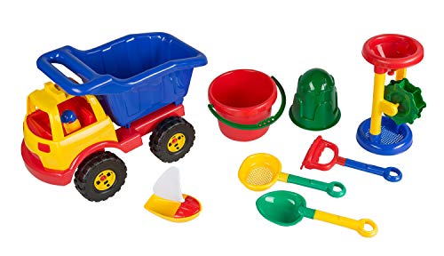 Idena-Juego de juguetes bolsa compuesto por cubo, colador, barco, molinillo, rastrillo, pala pequeña, moldes y un camión, para jugar en la playa y en caja de arena, 9 piezas, color carbón Berlin 40114