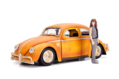 Jada Toys Transformers Bumblebee-Coche de Juguete Volkswagen Beetle, con Puertas abatibles, Maletero y capó, Incluye Figura Charlie a Escala 1:24, Color Amarillo, Naranja (253115000)