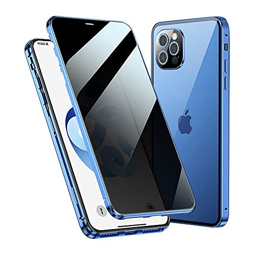 Jonwelsy Anti Espía Funda para iPhone 12 Pro (6,1"), 360 Grados Protección Case Ambos Lados Vidrio Templado de Privacidad Cubierta, Adsorción Magnética Parachoques de Metal Carcasa (Azul)