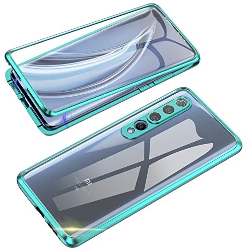 Jonwelsy Funda para Xiaomi Mi 10, 360 Grados Delantera y Trasera de Transparente Vidrio Templado Case Cover, Fuerte Tecnología de Adsorción Magnética Metal Bumper Cubierta para Xiaomi Mi 10 (Verde)