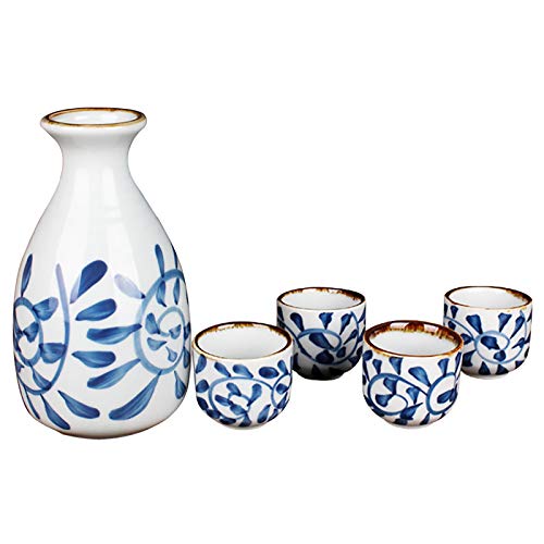 Juego de 5 piezas de sake japonés de cerámica duradera, tazas de cerámica pintadas a mano para sake caliente o frío en casa o restaurante (azul, 5)