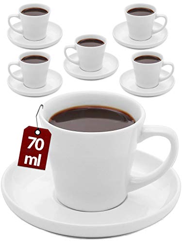 Juego de 6 Tazas de Cafe Espresso Blancas - Con Platos - Ceramica Blanca - Apto para Lavavajillas y Microondas - 70ml