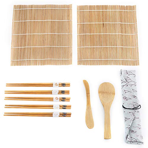 Juego de 9 piezas de bambú para hacer sushi, incluye 2 alfombrillas de rodillo 5 palillos 1 pala1 cuchilla de sushi para principiantes profesionales