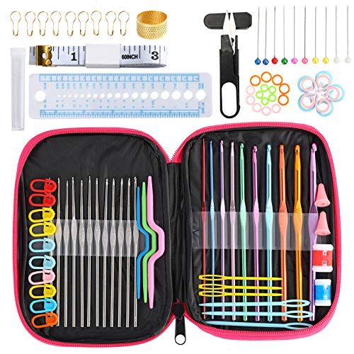 Juego de agujas de ganchillo para tejer de metal – Juego de agujas de aluminio con 100 piezas de accesorios para tejer herramientas para manualidades hechas a mano en el hogar (rosa rojo) Juego de agujas de ganchillo para tejer de metal – Juego de agujas de aluminio con 100 piezas de accesorios para tejer herramientas para manualidades hechas a mano en el hogar (rosa rojo)