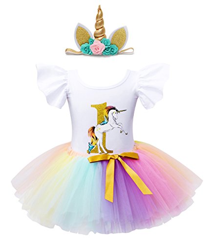 Jurebecia Bebé Niñas Es mi Primer cumpleaños Trajes Conjuntos Princesa Vestido Tutu 3 Piezas Unicornio Mameluco + Falda + Diadema