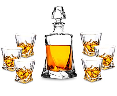 KANARS Twist Juego de Jarra de Whisky, 100% Libre de Plomo Cristalino Resistente Whisky Jarra Set para Scotch, Bourbon, 800ml Jarra y 6 vasos de whiskey, Juego de 7