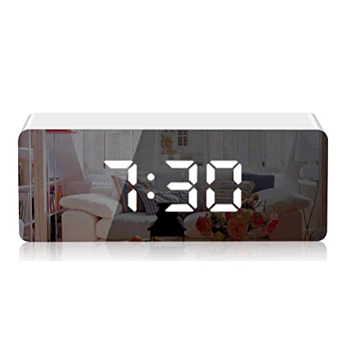 KKshop Despertador Digital Espejo LED Despertador Electrónico, Espejo Reloj Digital Moderno con Función de Alarma, Snooze y Memoria Automática, Luminancia Ajustable