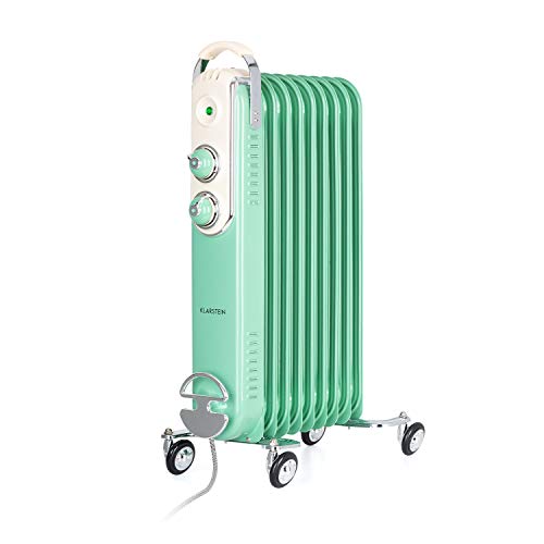 Klarstein Thermaxx Retroheat - Radiador de aceite, 2 reguladores, Termostato, Portacables, Luces LED, 4 ruedecillas, 3 niveles de calor, Potencia 2000 W, Hasta 40 m², 44 x 67,5 x 27 cm, Verde