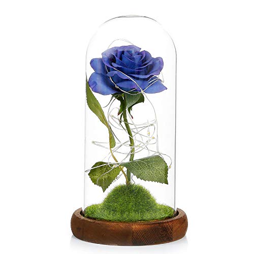 Konesky Rose in Glass, Eternal Rose in Glass La Bella y la Bestia LED Flores de Rosas Artificiales Rosa preservada Luces de Hadas LED Regalo romántico Aniversario Decoración de la casa-Azul
