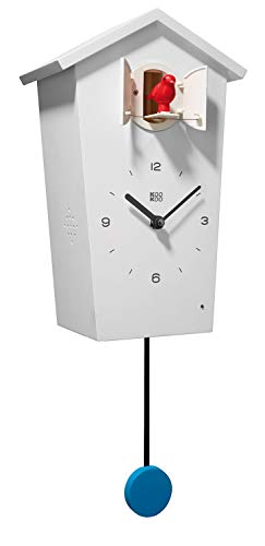 KOOKOO Birdhouse Blanco, Reloj cucu Design Moderno, Sonidos de 12 Aves o el Cuco, Reloj pájaros cantores c. péndulo, grabaciónes Naturales de Jean-Claude Roché