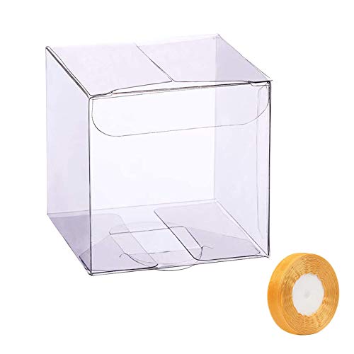 LAITER 20 Pcs Caja Transparente de Embalaje Boda Caja Cubo Transparente Caja Transparente de Regalo  Caja Plegable de PVC para Dulce Caramelos Flor para Fiesta Cumpleaños 7x7x7cm (+Cinta de Seda)