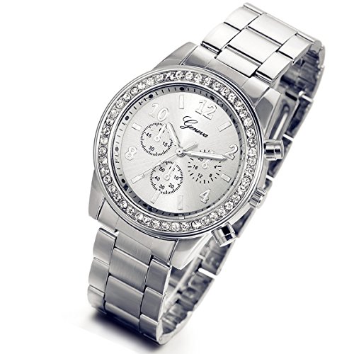 Lancardo Reloj Analógico Lujoso con Bisel de Diamantes Artificiales Brillantes Pulsera Electrónico Comercial de Cuarzo Original con Correa de Acero Inoxidable para Hombre/Mujer/Pareja (Plata)