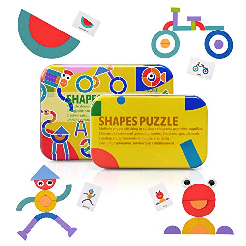 LEADSTAR Rompecabezas de Madera Bloques de Madera, Tangram Puzzle Tangram Madera Shape Puzzle Set 36 Montessori Forma Geométrica Bloques de Patrones + 60 Piezas Tarjetas de diseño (Amarillo)