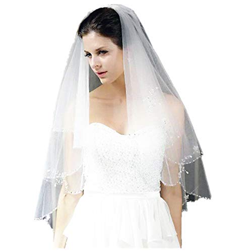 LianShi Multi-tier velo de novia nupcial decorado con lentejuelas y cuentas de longitud 60CM Blanco