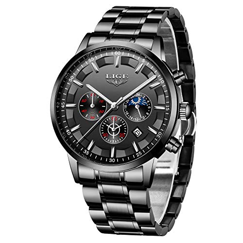 LIGE Reloj para Hombre Impermeable Multifuncional Business Chrono Luminous Watch con Correa de Acero Inoxidable Negro