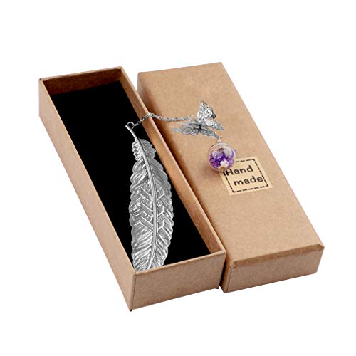 Lishang Marcapáginas de Plumas de Metal Clásicos Marcador de Libro con Mariposa 3D y Colgante de Cuentas de Vidrio de Flores Secas Regalos para Mujeres, Niños, Lectores (Plata)