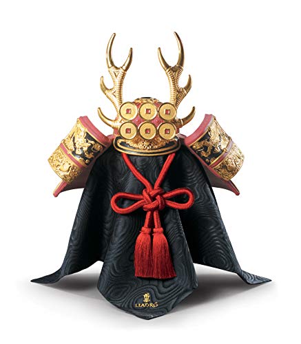 LLADRÓ Figura Casco Samurái Rojo. Lustre Oro. Figura Samurai de Porcelana.