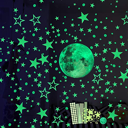 Luminoso Pegatinas de Pared, 30cm Luna y Estrellas Puntos 435 Pzas, Fluorescente Decoración de Pared para Dormitorio de Niños, DIY Decoración de la Habitación Para Chico Niña Bebé, Casa Interior Mural