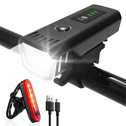 Luz Bicicleta Potente Delantera y Trasera LED Set, Ajuste Automático de Brillo Luz Bici de Carretera y Montaña, Impermeable Recargable USB Luces Bicicleta Duración con 4 modos y Indicador de Batería