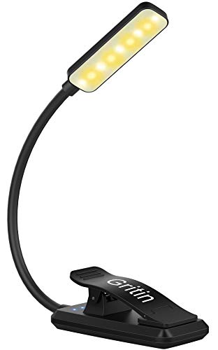 Luz de Lectura, Gritin Lampara Libro de Lectura Recargable de 360° Flexible con 9 LED 3 Modos Lampara Pinza Brillo Ajustable Atenuación Continua para Estudio, Cama, Libro, Viaje