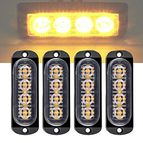 Luz Estroboscópica Intermitente Emergencia, 4 Led Universal IP65 Impermeable Ámbar Advertencia de Seguridad Luz Estroboscópica de Peligro Rejilla Intermitente Barra de Luces de Trabajo (4 LED Yellow)